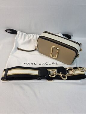 Marc Jacobs Beige & Ivory Double Zip Snapshot Crossbody with Striped Wide Strap